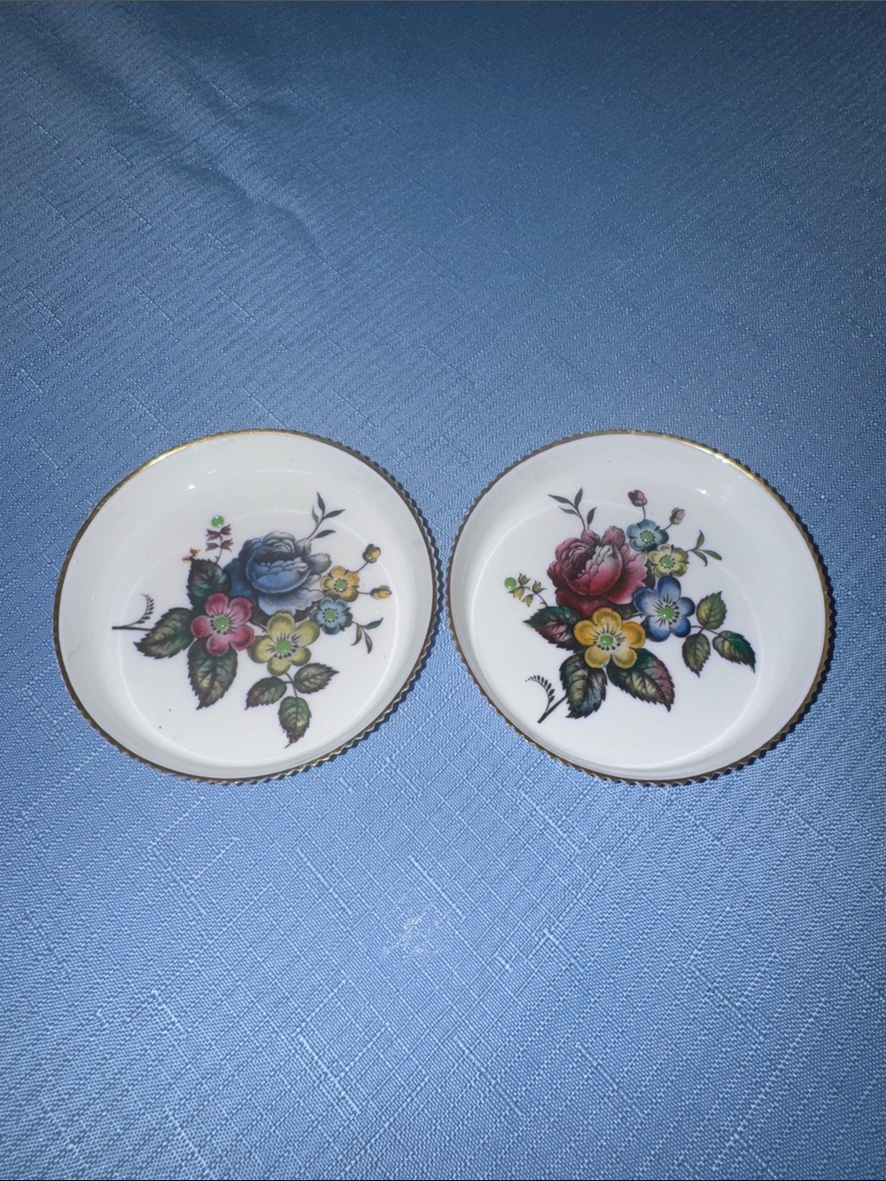 Royal Worcester fine bone china floral coasters with gold trim hand painted 3.5”